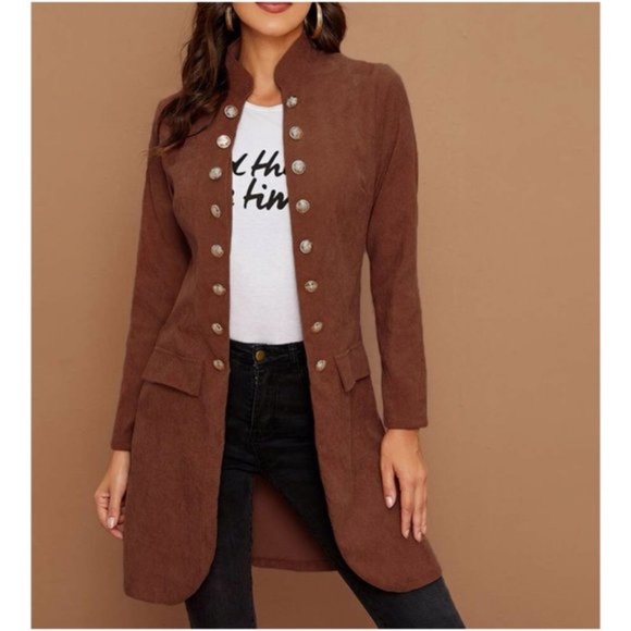 Brown buttons corduroy pea coat jacket shacket - Picture 1 of 9